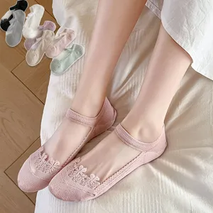 Women's Short Socks Pure Cotton Bottom Crystal Silk Spring Summer Thin Breathable Mesh Lace Short Tube Boat Socks