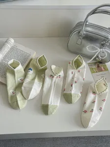 Floral green cotton socks women short tube spring summer pastoral style breathable boat socks