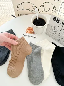 Solid color ribbed short socks, breathable cotton blend ankle socks for daily casual wear.