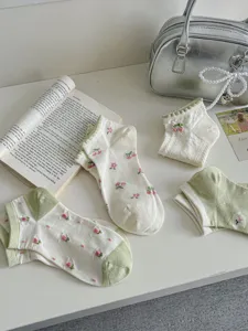 Floral green cotton socks for women short tube pastoral cute breathable boat socks