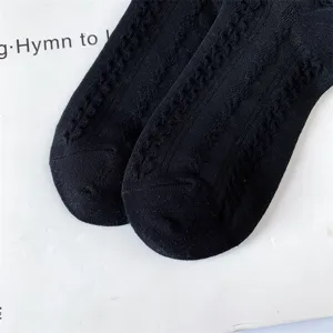 Close-up detail of black ribbed knit socks showing texture and fine pattern design.
