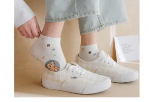 Chaussettes basses en coton pour femmes motif dessin animé ours style japonais respirant.