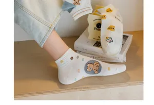Chaussettes basses mignonnes motif d'ours de dessin animé, coton doux style décontracté.