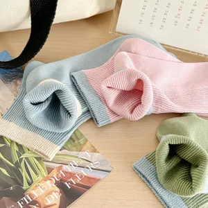 Women casual ribbed cotton socks spring summer sweet style color-block mid-tube socks
