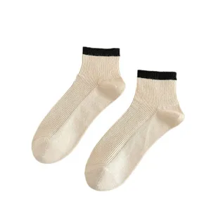 Classic beige women crew socks with black contrast cuff, vertical striped cotton socks daily wear.