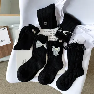 Japanese Lolita black mid-calf socks with cute lace bows, sweet style cotton socks.