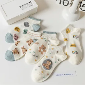 Chaussettes Basses Crew en Coton à Imprimé Ours de Dessin Animé Mignon pour Femmes Style Ins Japonais Respirant Quotidien Décontracté