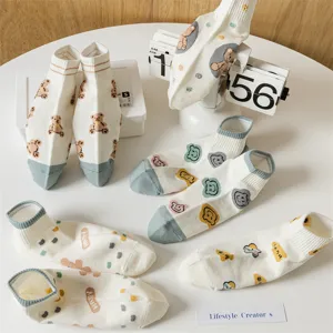 Chaussettes basses pour femmes à motif d'ours de dessin animé mignon, en coton respirant.