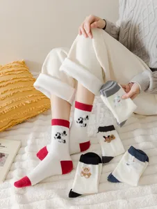 Cozy thick wool winter socks with cute cartoon bear and cow designs, color block casual style.