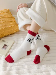Thick warm winter socks with cute cartoon bear pattern and contrast red heel and toe.