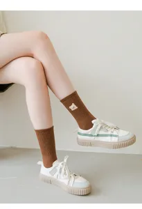 Cute brown embroidered bear women mid calf socks, soft cotton knit daily casual wear detail.