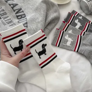 Detailansicht von Damen Baumwoll Socken mit Hund Stickerei und modernen Streifen.