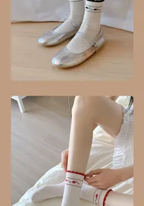 Japanese sweet style lace stack socks with cute floral embroidery and breathable design for women.