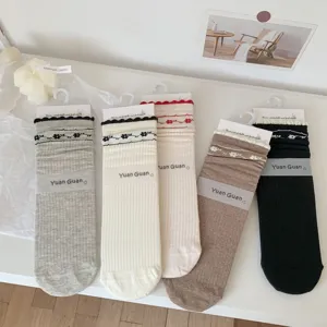 Women's Japanese Style Floral Lace Trim Crew Socks Thin Breathable Mesh Cotton Casual Sweet Ruffle Hosiery