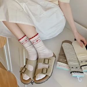 Sweet Japanese style ruffled mid-calf socks for women, breathable cotton daily wear main image.