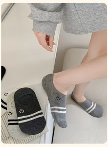 Summer thin breathable striped low-cut invisible socks with cute smiley embroidery detail.