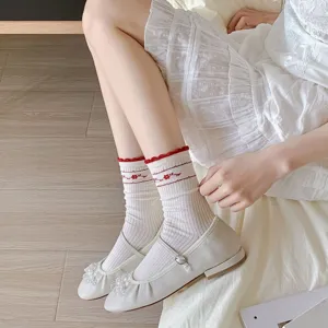 Japanese sweet style white mid-tube socks with red lace trim, perfect for spring and summer.