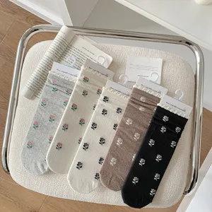 Women's Spring Summer Mid Tube Socks Sweet Floral Lace Ruffle Trim Breathable Cotton Blend Fashion Daily Hosiery