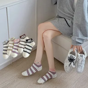Dames Schattige Beren Patch Gestreepte Voetbalkousjes Lente Zomer Casual Katoen Korte Sokken