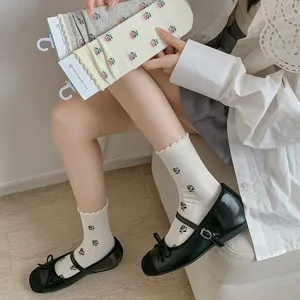 Women's spring summer mid-calf socks floral lace trim cute breathable casual socks