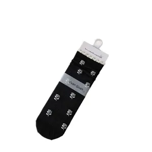 Women black mid-calf socks white rose floral pattern lace trim breathable cotton hosiery