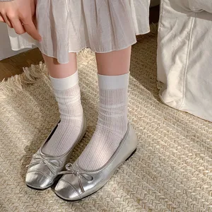 Printemps ete femmes chaussettes mi-mollet en maille avec chaussures plates argentees