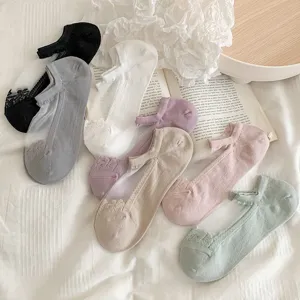 Women summer thin lace crystal boat socks breathable cotton bottom low cut invisible socks