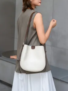 Women's genuine leather bucket bag, vintage shoulder crossbody bag for daily commute, white