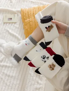 Thickened warm winter wool socks for women, cute cartoon bear fleece mid-tube casual hosiery.