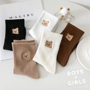 Women Cute Bear Embroidery Mid-Calf Socks Casual Cotton Solid Color Spring Autumn Winter Daily Wear Fashion Hosiery
