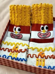 Chic funny french fries design mid-tube socks with cute embroidery and cozy knit details.