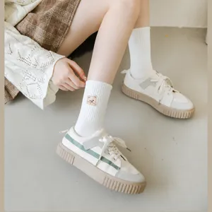 Cute bear embroidery mid-calf socks for women, sweet Japanese style cotton daily long socks.
