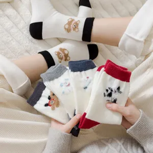 Women's Winter Thickened Warm Wool Socks Cute Cartoon Bear Flocking Contrast Color Mid-Calf Casual Sweet Hosiery