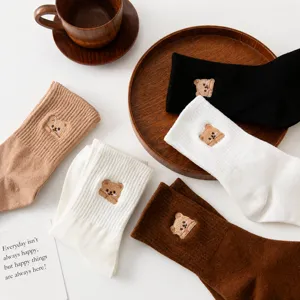 Cute bear embroidered women mid-tube socks cotton solid color casual daily hosiery set