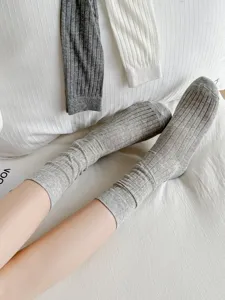 Grey sheer ribbed mid-tube socks for women, summer thin breathable JK style stackable hosiery.