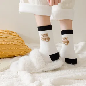 Cute teddy bear embroidered fluffy winter socks for women, thick cozy warm socks.
