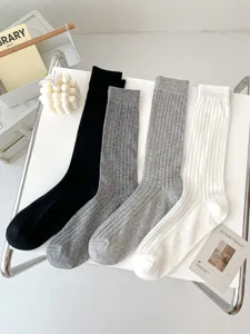 Women solid color ribbed mid-calf socks four classic colors casual daily wear comfortable soft