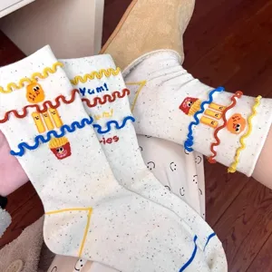 Cute embroidery french fries mid-tube socks cotton autumn winter cozy casual funny socks