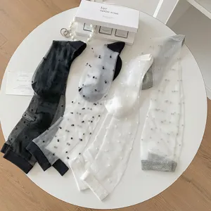 Sheer polka dot high socks for women, trendy summer thin translucent cotton bottom long hosiery.