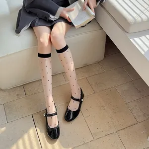 Sheer polka dot high socks for women, breathable thin summer hosiery, sweet girl style.