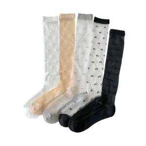 Women Sheer High Tube Socks Summer Thin Transparent Polka Dot Cotton Bottom Stockings