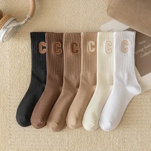 Herbst Winter bestickte Buchstabe C Wadensocken Baumwolle kuschelig lässiger warmer Strumpf