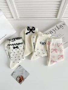 Calze alte stile balletto donna carine rete traspirante fiocco bianco cotone calzini
