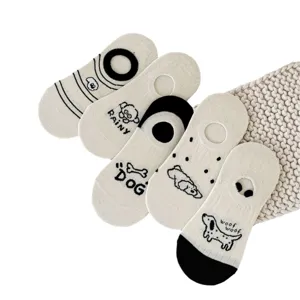 Cute beige cotton boat socks for women with adorable puppy prints, breathable shallow design.