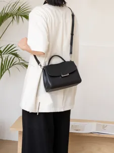 Classic genuine leather women shoulder bag minimalist black cowhide crossbody handbag for daily use