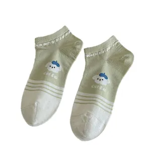 Light green cotton ankle socks for women with cute puppy, breathable spring summer socks.
