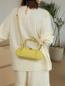 Genuine leather yellow shoulder bag for women, vintage baguette handbag with strap for daily.