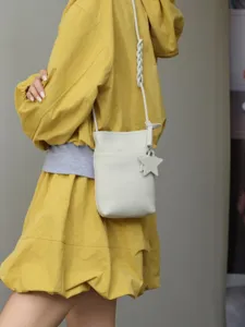 Genuine Leather Crossbody Mobile Phone Bag Women Minimalist Solid Color Small Shoulder Bag With Star Pendant Daily