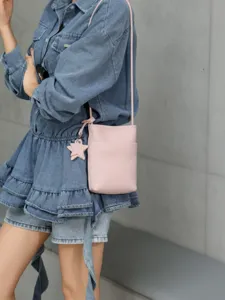 Pink leather mini crossbody phone bag with cute star charm, stylish casual daily women bag.