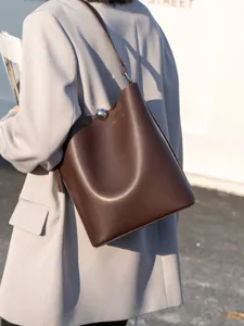 Leather casual women bucket bag stylish large capacity shoulder crossbody commute bag chic